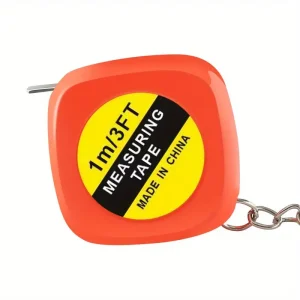 A red measuring tape with a yellow and black label.