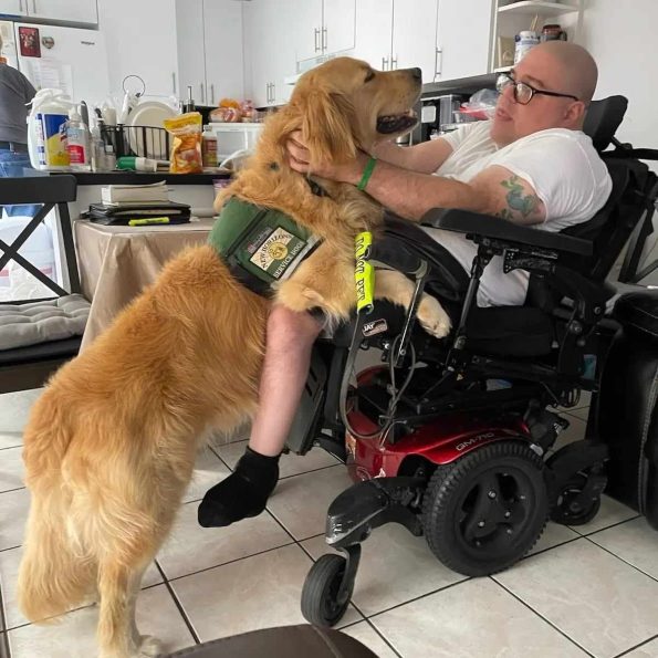 A man in a wheelchair with his arm around a dog.